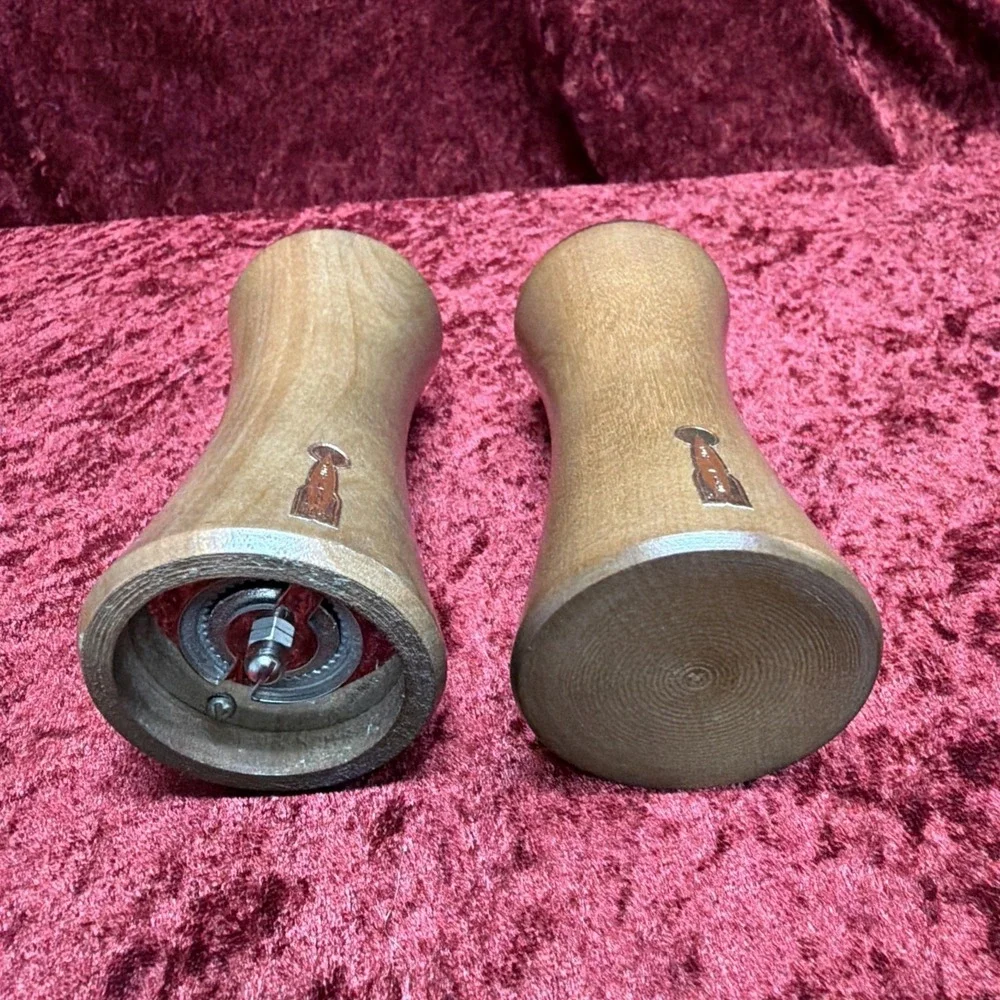 Vintage Jet Line Wood Salt Shaker and Pepper Mill Set Mid Century Modern Chrome